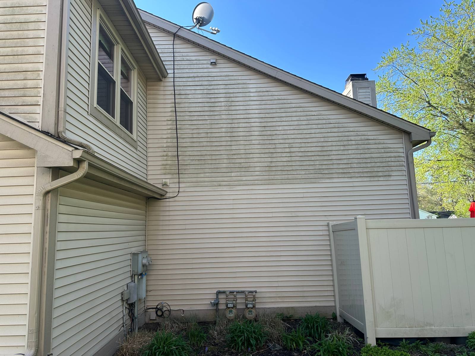Full house exterior before professional soft washing — dingy siding with algae and dirt