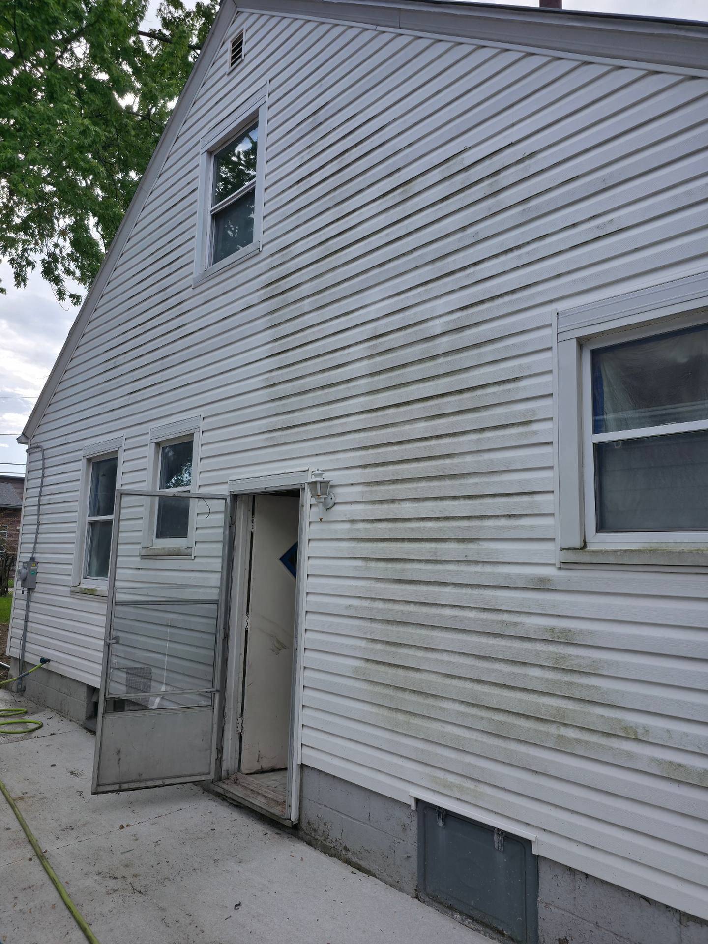 Sylvania home siding before soft wash with green algae buildup