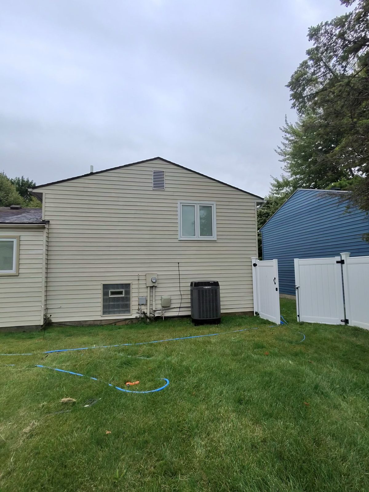 Back of house siding after soft washing — clean tan siding restored